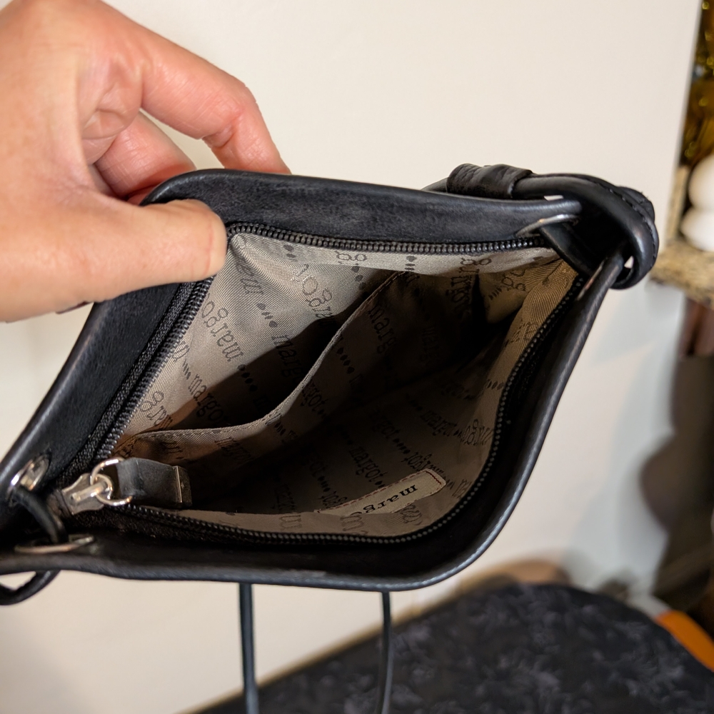 Margot New York Black Leather Crossbody Bag Small Minimalist Purse Long Strap - Picture 2 of 9
